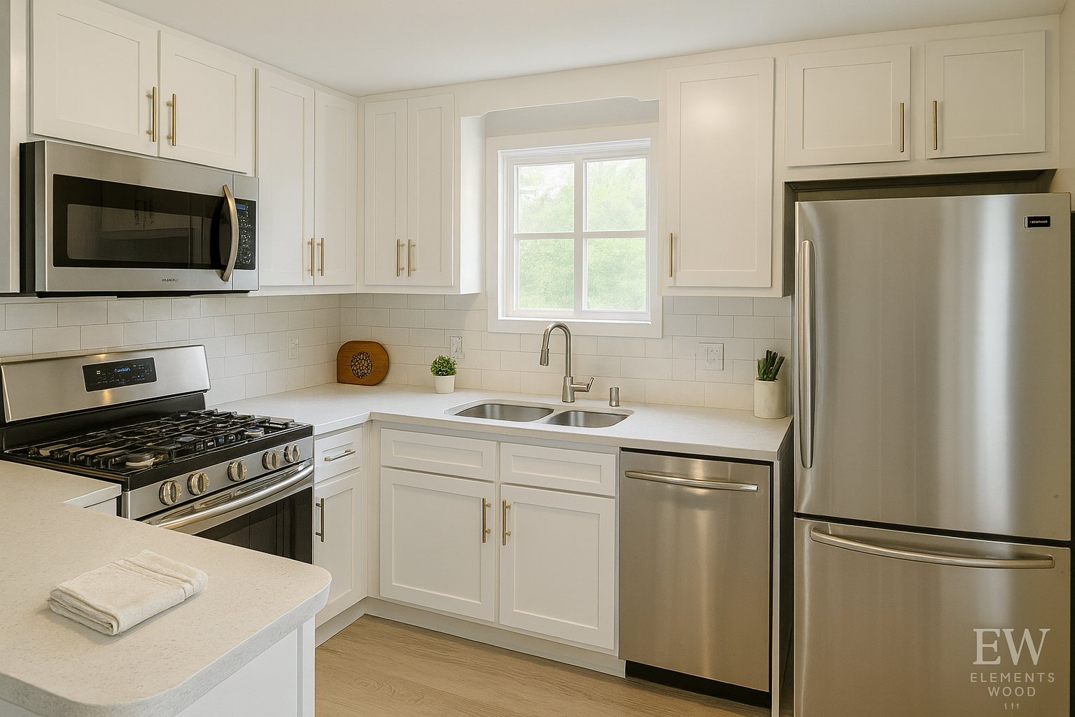 Nueva cocina blanca moderna tras la reforma.